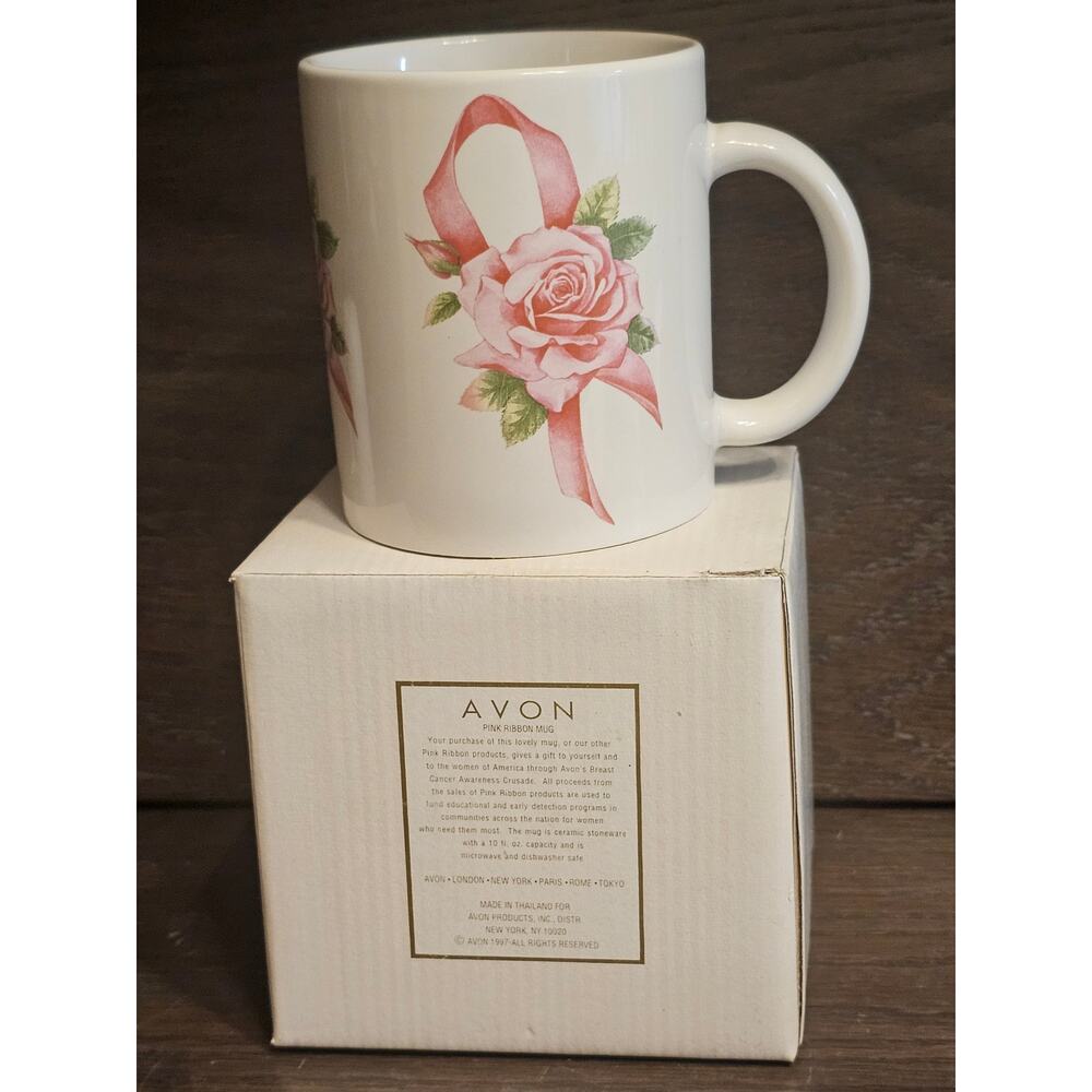 Vintage NIB 1997 AVON Pink Ribbon Rose Mug Breast Cancer Awareness Crusade